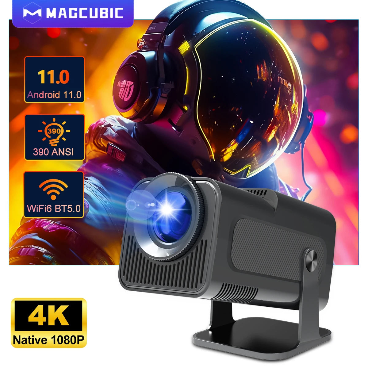 Home cinema projector in dark living room with surround sound setup  ,frontal