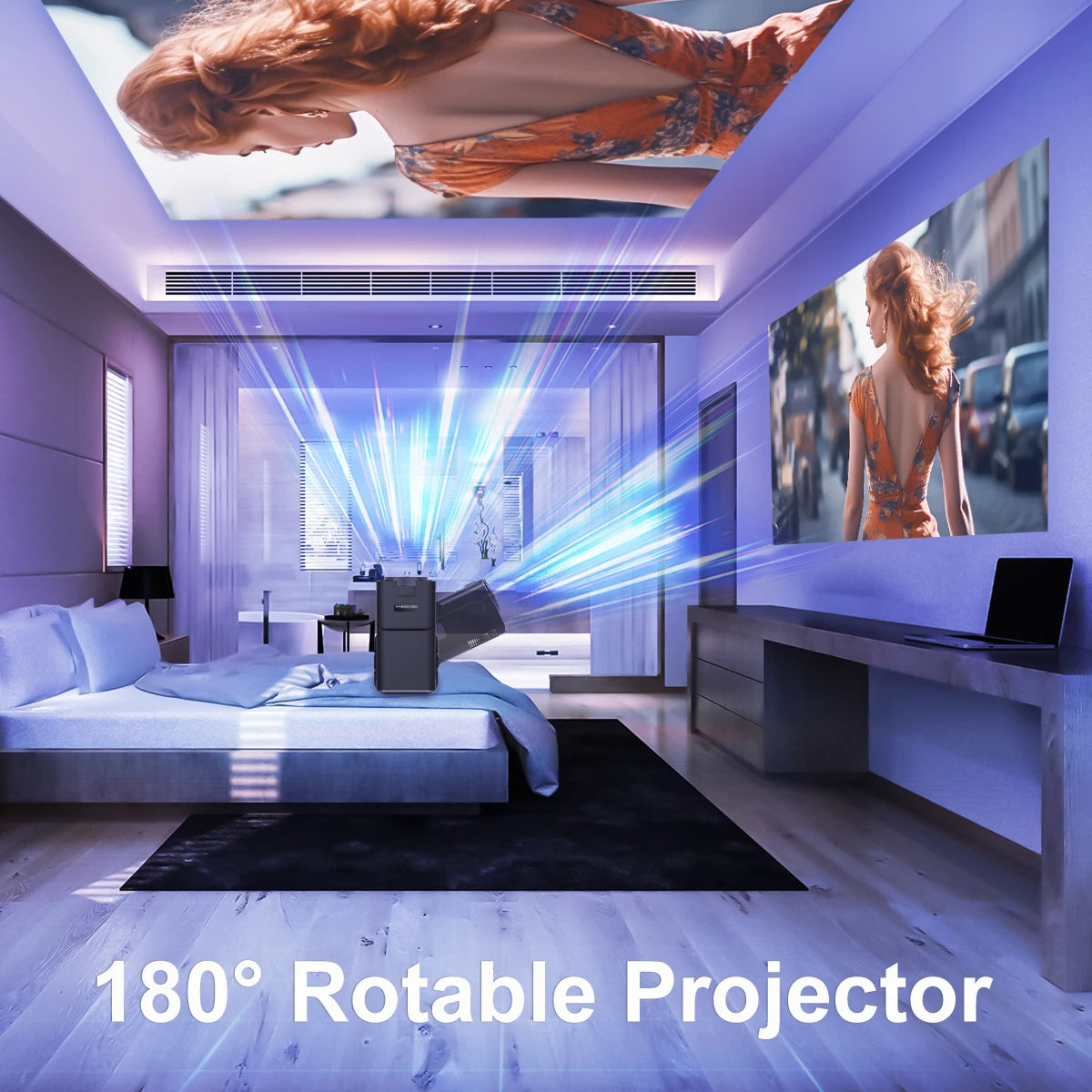 Home cinema projector in dark living room with surround sound setup  ,frontal